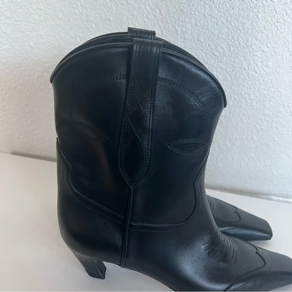 Khaite Dallas Black Leather Ankle Boots Bootie Size 37 Short Western - Picture 10 of 11